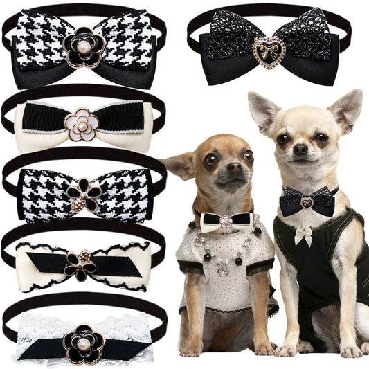 5PCS Adjustable Luxury Dog Bowties Balck Style Dog Bow Ties Collars With Pearl Pet Puppy Bowknots Grooming Supplies For Dogs