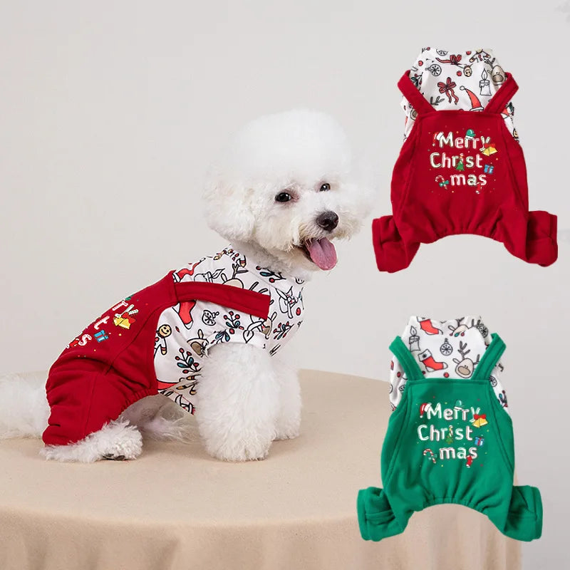 Pet Christmas Jumpsuit Pet Autumn and Winter Overalls Warm Teddy Jacket Dog Pajamas Puppy Clothes Four Legged Pants