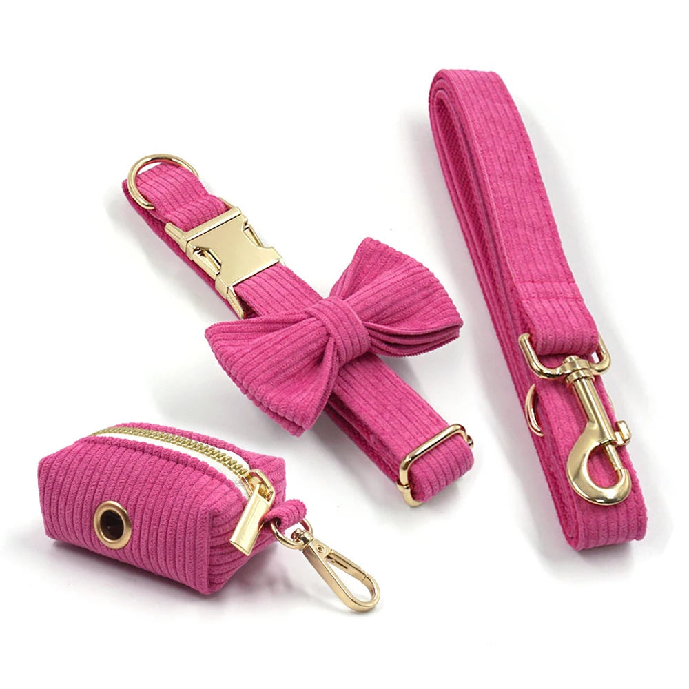 Luxury Pet Harness for Dogs Personalized Magenta Female Bowtie Dog Collar Durable Fully Adjsutable Cute Puppy Collar Leash Set