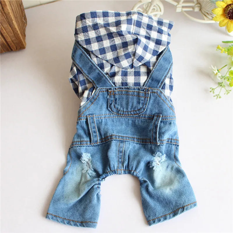 Dog Denim Jumpsuits Striped Plaid Puppy Cat Hoodie Overalls Yorkie French Bulldog Clothes Jean Jacket Pet Outfits for Small Dogs