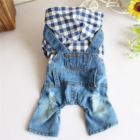 Dog Denim Jumpsuits Striped Plaid Puppy Cat Hoodie Overalls Yorkie French Bulldog Clothes Jean Jacket Pet Outfits for Small Dogs