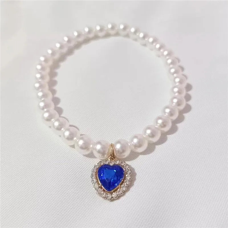 Pearl Dog Collar Necklaces Luxury Bling Rhinestones Wedding Cat Collar Heart Jewelry Dogs Cat Clothes Costume Pet Accessories