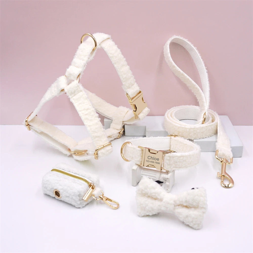 White Teddy Fleece Personalized Dog Harness and Leash Set Luxury Designer Dog Collar for Small Dogs Cute Puppy Collar Poop Bag