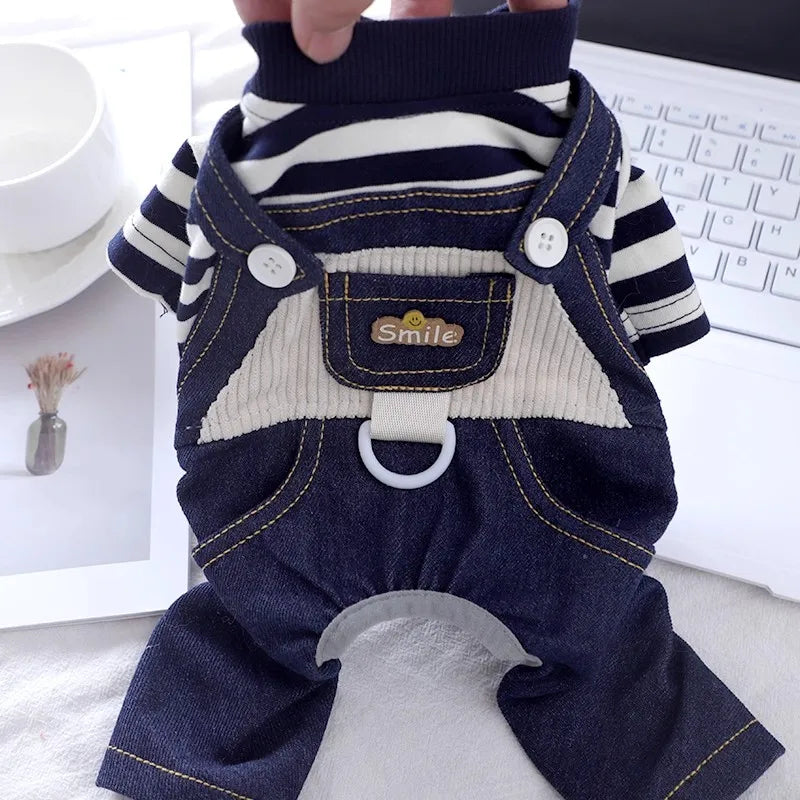 Blue Dog Jeans Pants Overall Costumes For Puppies Poodle Shih Tzu Little XS XL Pet Clothing With Vest Pet Fashion Shop Drop Ship