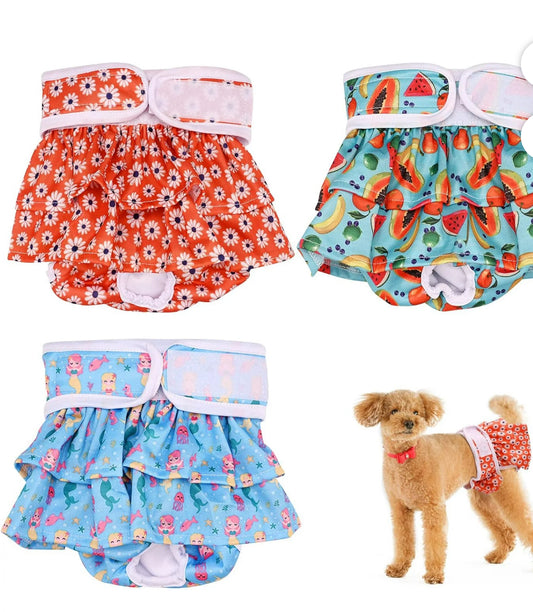 QKURT 3 Pack Reusable Dog Nappies Female, Pet Dog Nappies Super Absorbent Washable Dog Period Pants, Skirt Design Dog Season Pants Dog Diapers for Dogs in Heat, Period, Incontinence