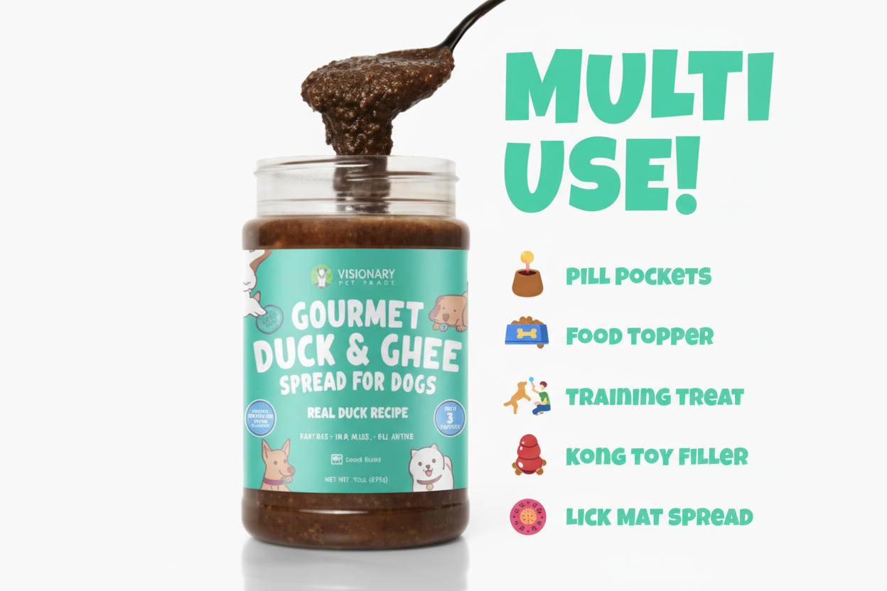 Jar of gourmet duck and cheese spread for dogs with a spoonful being added, labeled 'Multi Use' on a white background.