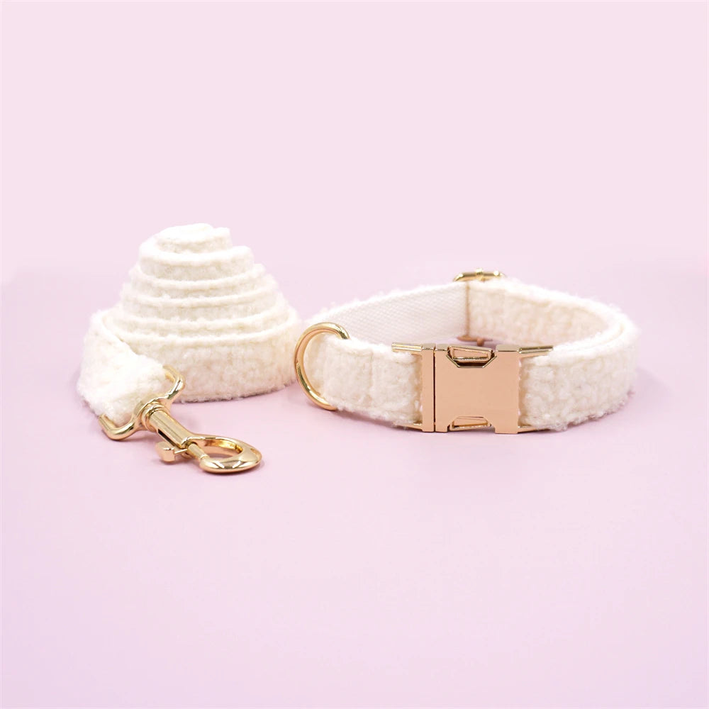 White Teddy Fleece Personalized Dog Harness and Leash Set Luxury Designer Dog Collar for Small Dogs Cute Puppy Collar Poop Bag