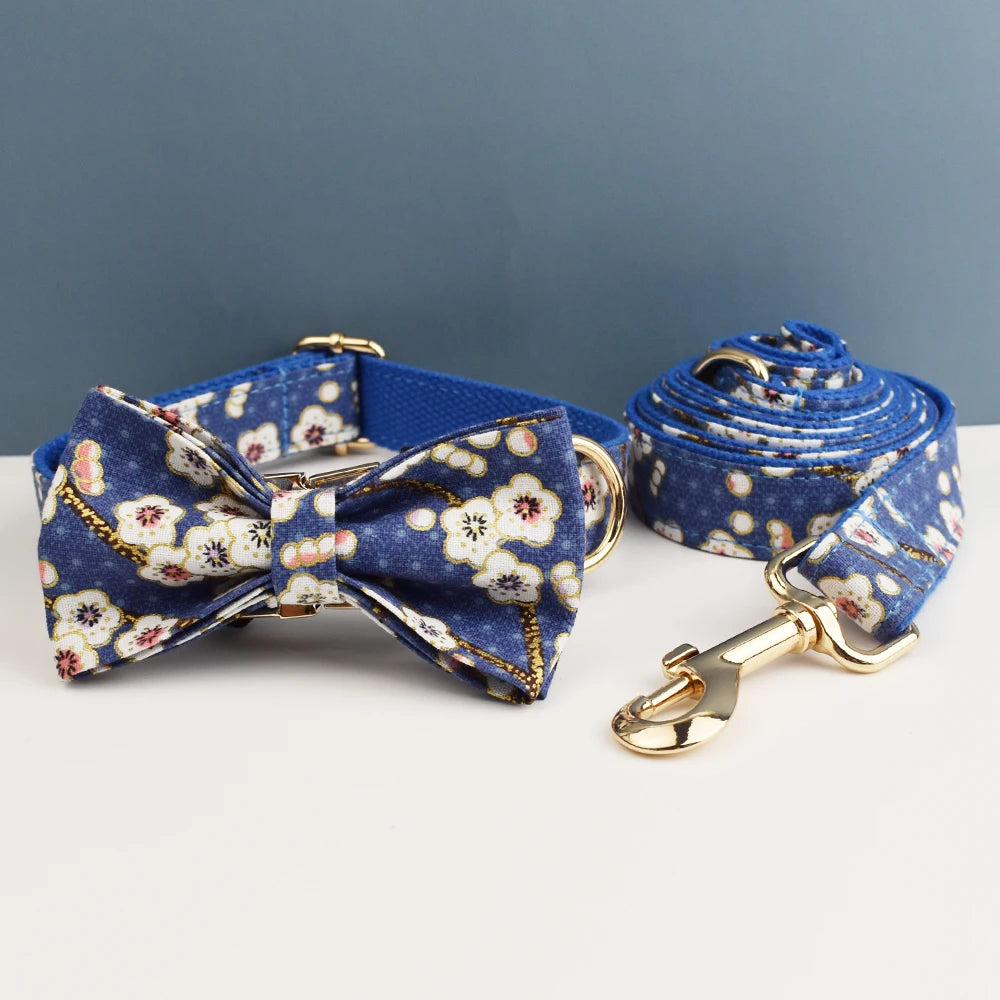 Luxury Personalized engravable dog collar Harness Leash Set Soft Cotton Floral Design Custom Bow Accessory for Dogs 02