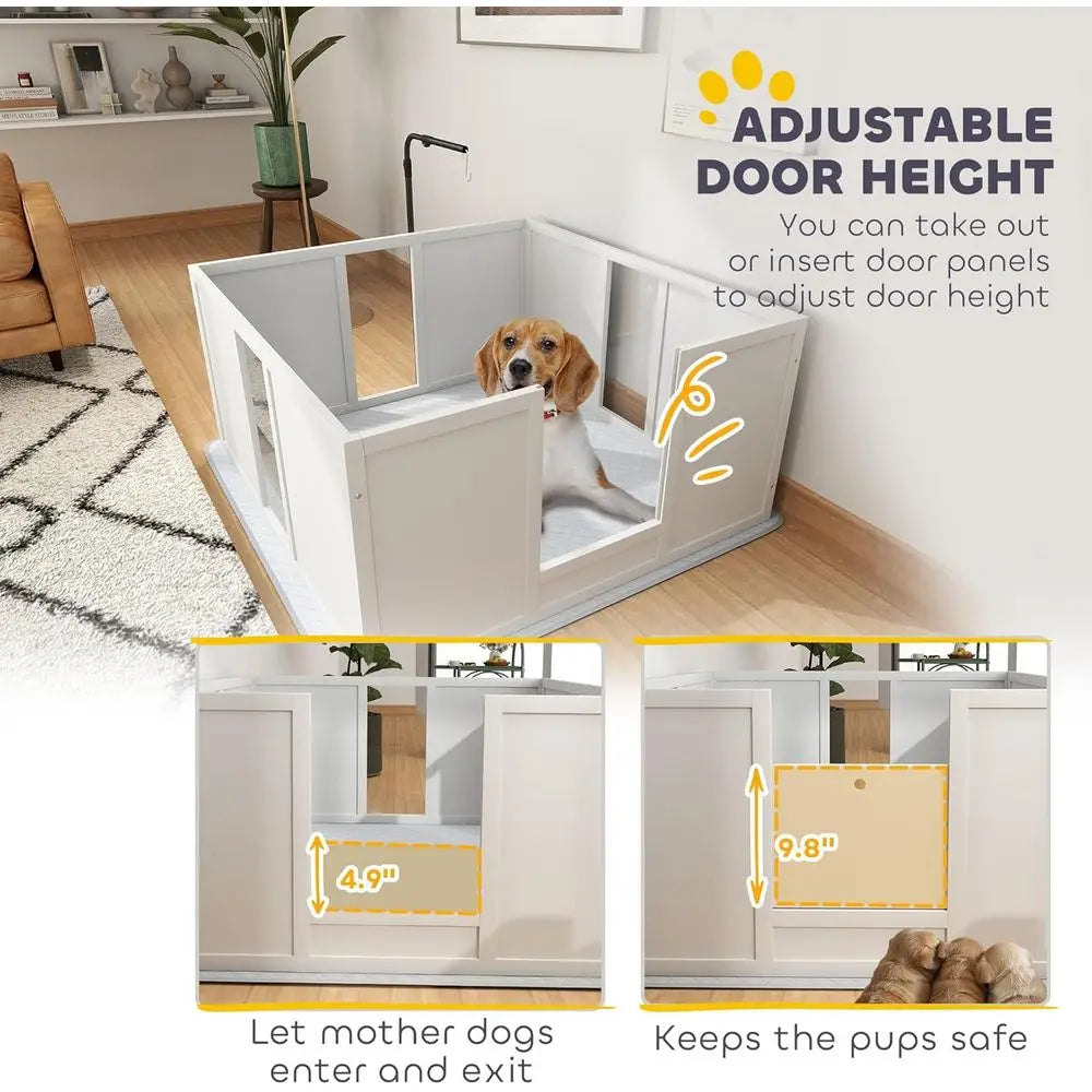 Whelping Box for Dogs, Newborn Puppy Supplies with Retractable Light Stand, Waterproof Pee Pad, Adjustable Height Door, Dog Whel