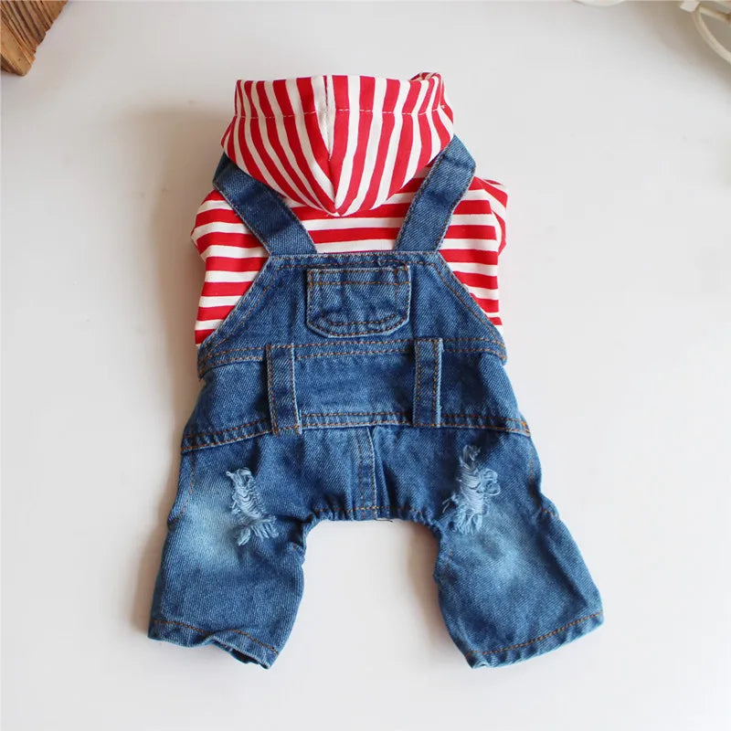 Dog Denim Jumpsuits Striped Plaid Puppy Cat Hoodie Overalls Yorkie French Bulldog Clothes Jean Jacket Pet Outfits for Small Dogs