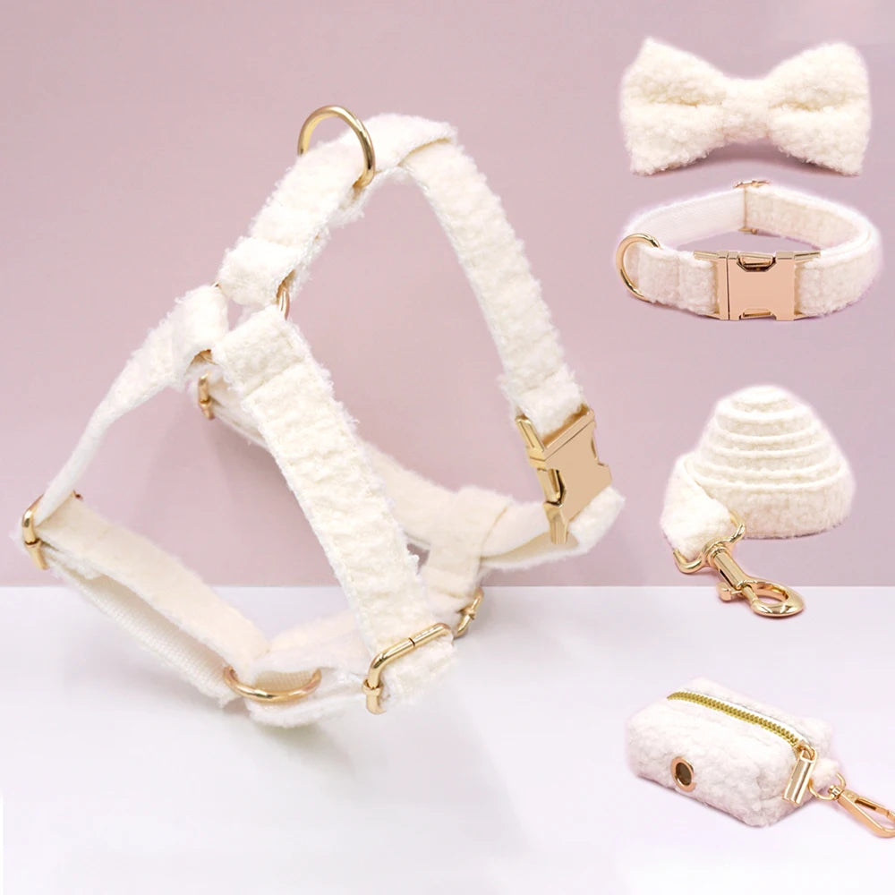 White Teddy Fleece Personalized Dog Harness and Leash Set Luxury Designer Dog Collar for Small Dogs Cute Puppy Collar Poop Bag