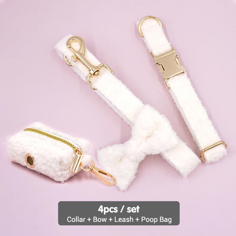 White Teddy Fleece Personalized Dog Harness and Leash Set Luxury Designer Dog Collar for Small Dogs Cute Puppy Collar Poop Bag