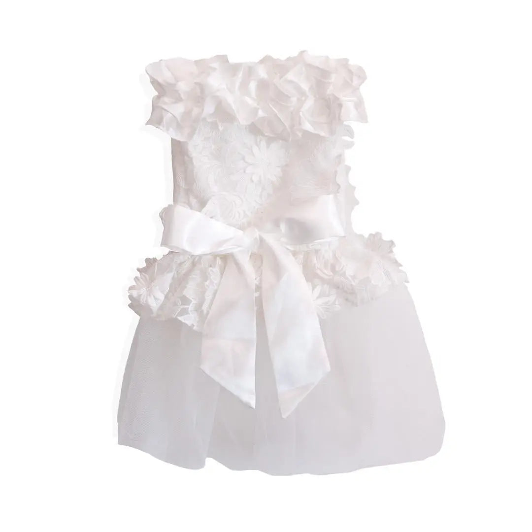 Luxury White Lace Ruffles Wedding Dress with Big Ribbon Bow