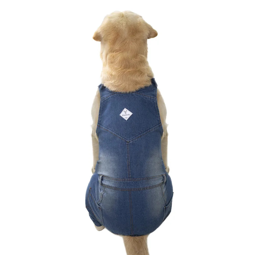 Miaododo Medium Large Dog Jeans Jumpsuit Overalls for Dogs Denim Clothes Costumes Blue Vintage Washed Dog Pants Classic Jacket