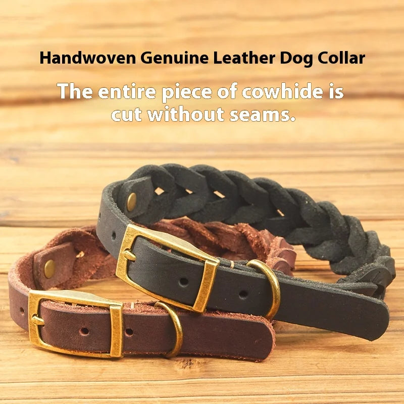 Handwoven Genuine Leather Dog Collar & Leash Set - Top Grain Cowhide Pet Accessories with Adjustable Buckle, Luxury Dog Lead