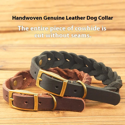 Handwoven Genuine Leather Dog Collar & Leash Set - Top Grain Cowhide Pet Accessories with Adjustable Buckle, Luxury Dog Lead