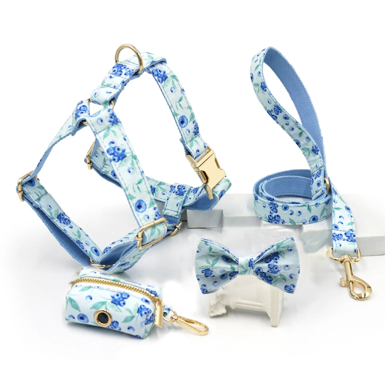 Dog Harness and Leash Set Mesh Padded Soft Pet Harness for Small Dogs Blueberry Pattern Luxury Custom Name Dog Collar Adjustable