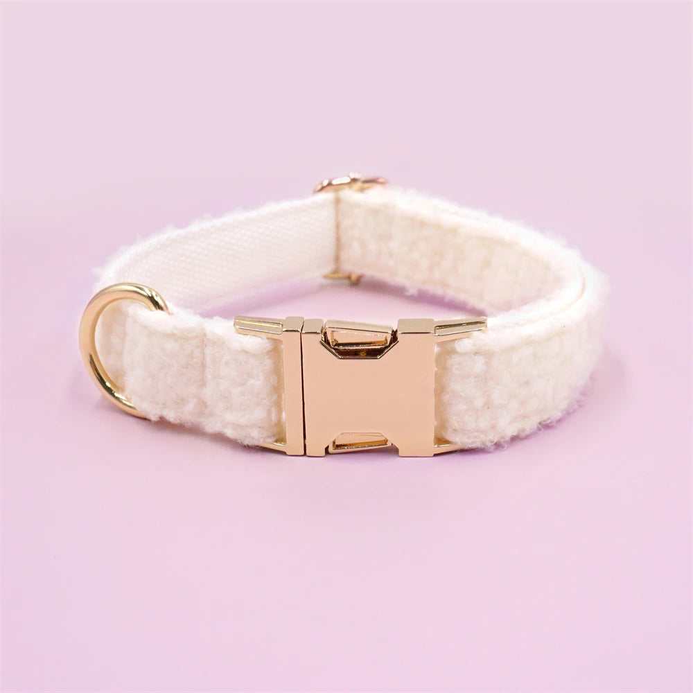 White Teddy Fleece Personalized Dog Harness and Leash Set Luxury Designer Dog Collar for Small Dogs Cute Puppy Collar Poop Bag