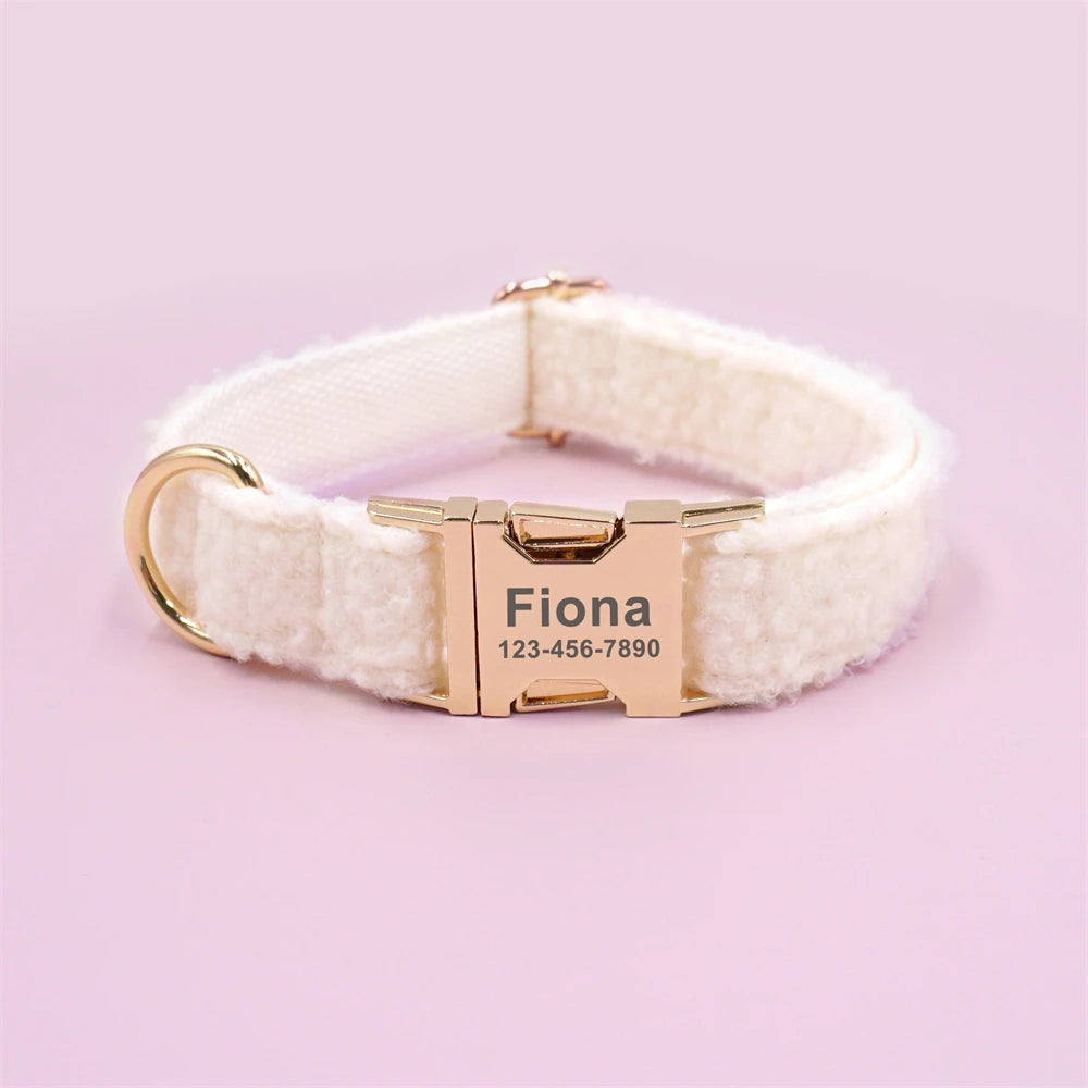 White Teddy Fleece Personalized Dog Harness and Leash Set Luxury Designer Dog Collar for Small Dogs Cute Puppy Collar Poop Bag