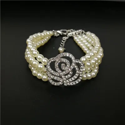 Luxury Dog Collar Flower Necklace Four-Rows Pearl Diamond Dog Accessories Rhinestone Chain Collars For Dog Neck Decor 20/25/30cm