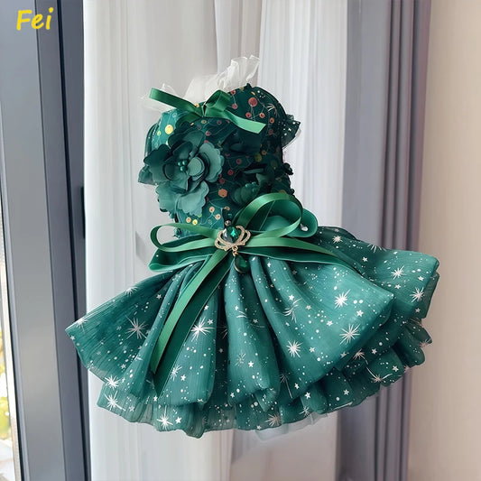 Luxury Handmade 
Christmas Velvet Dog Dress with Crystal Bow