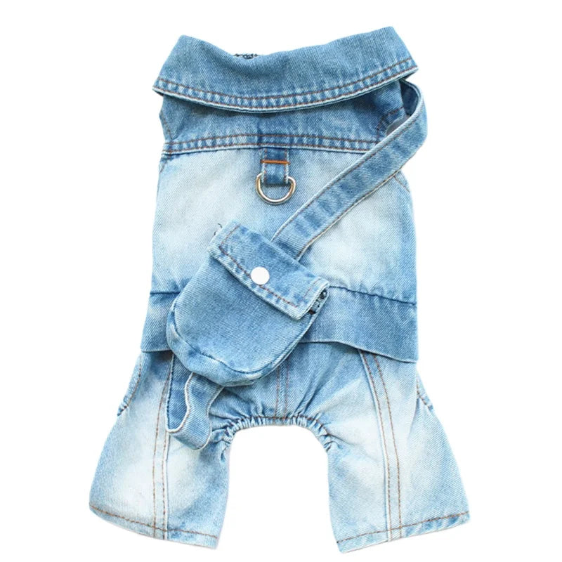 2024 New Design Small Dog Overalls Durable Jeans Pants Outfits with Snack Backpack Puppy Denim Onesie Apparel for Boy Girl Dogs