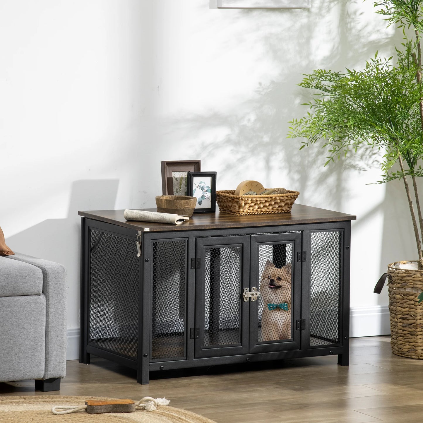 Furniture Style Dog Crate with Openable Top, Big Dog Crate End Table, Puppy Crate for Small Dogs, Spacious Interior, Pet Kennel, Brown, Black