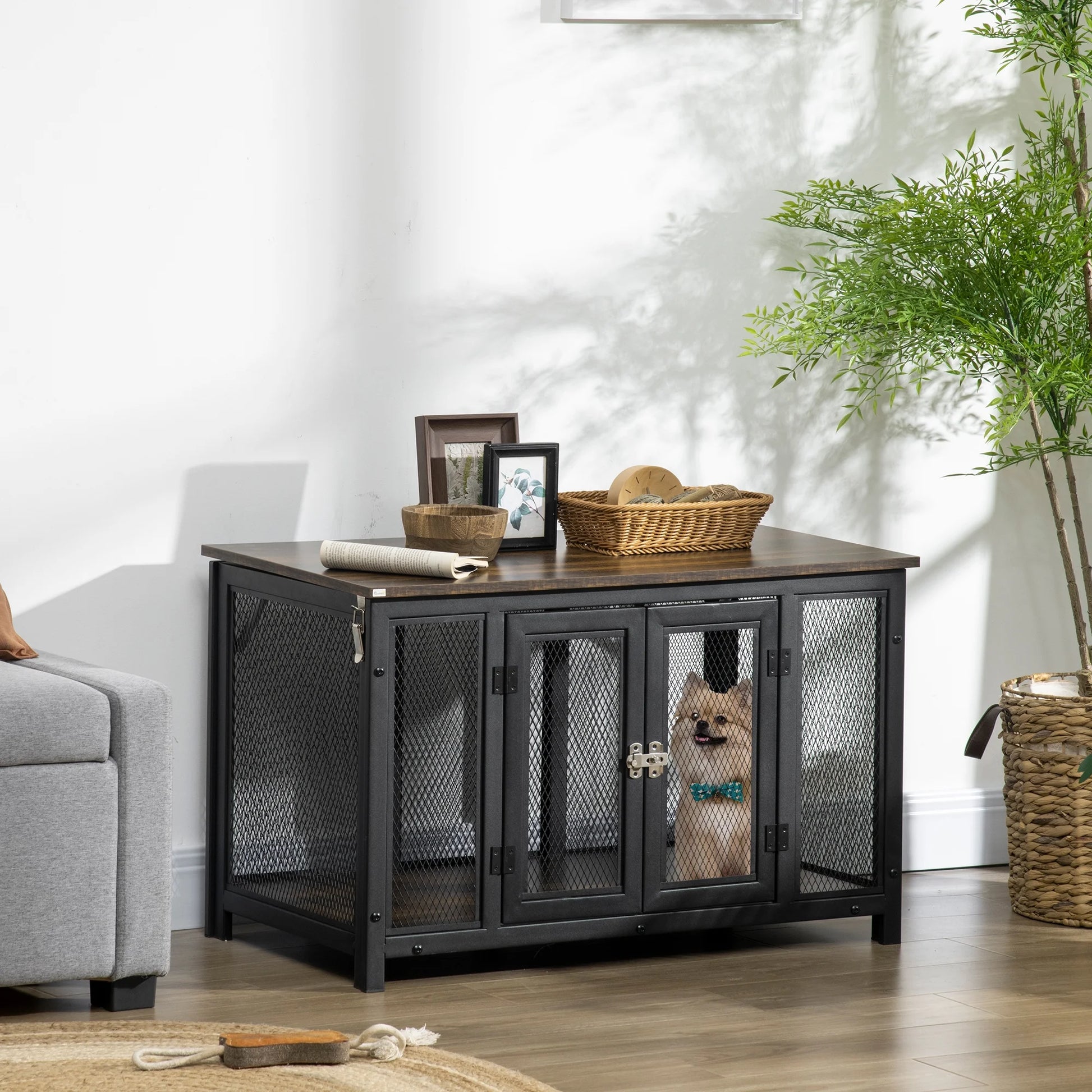 Furniture Style Dog Crate with Openable Top, Big Dog Crate End Table, Puppy Crate for Small Dogs, Spacious Interior, Pet Kennel, Brown, Black