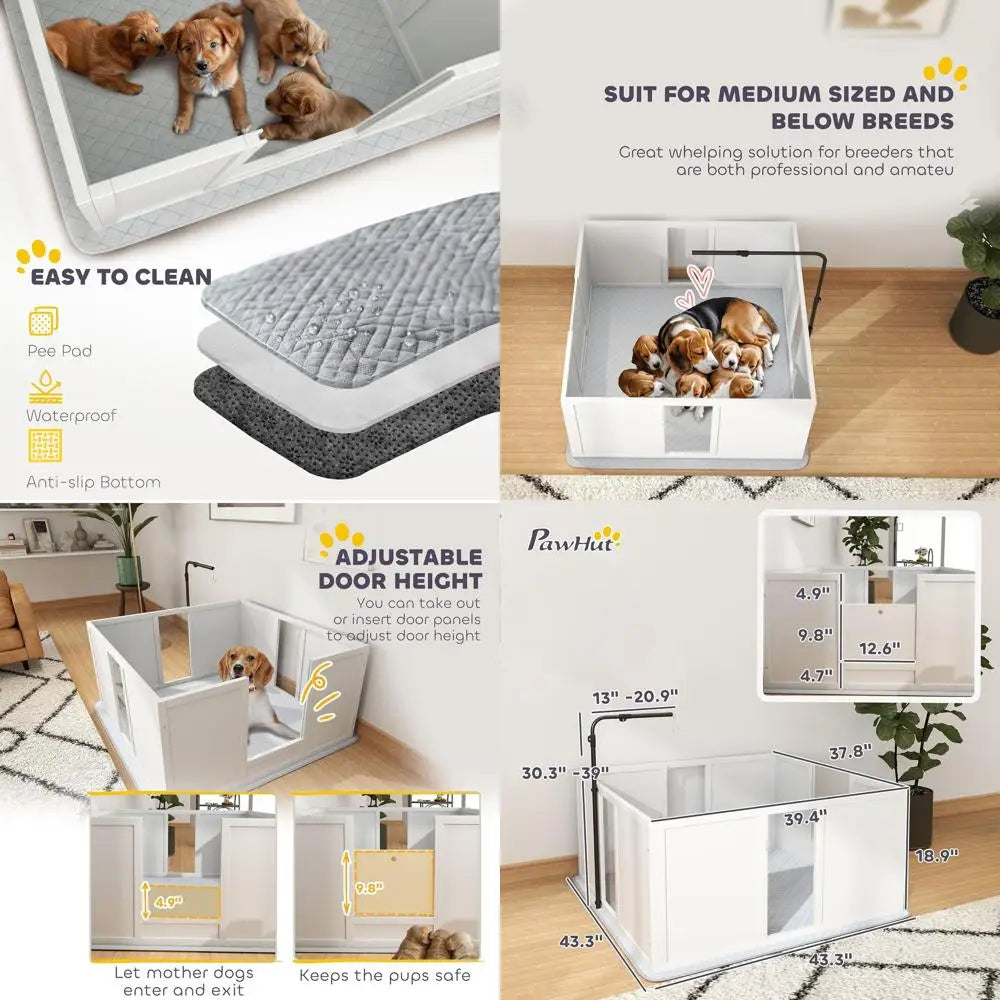 Whelping Box for Dogs, Newborn Puppy Supplies with Retractable Light Stand, Waterproof Pee Pad, Adjustable Height Door, Dog Whel