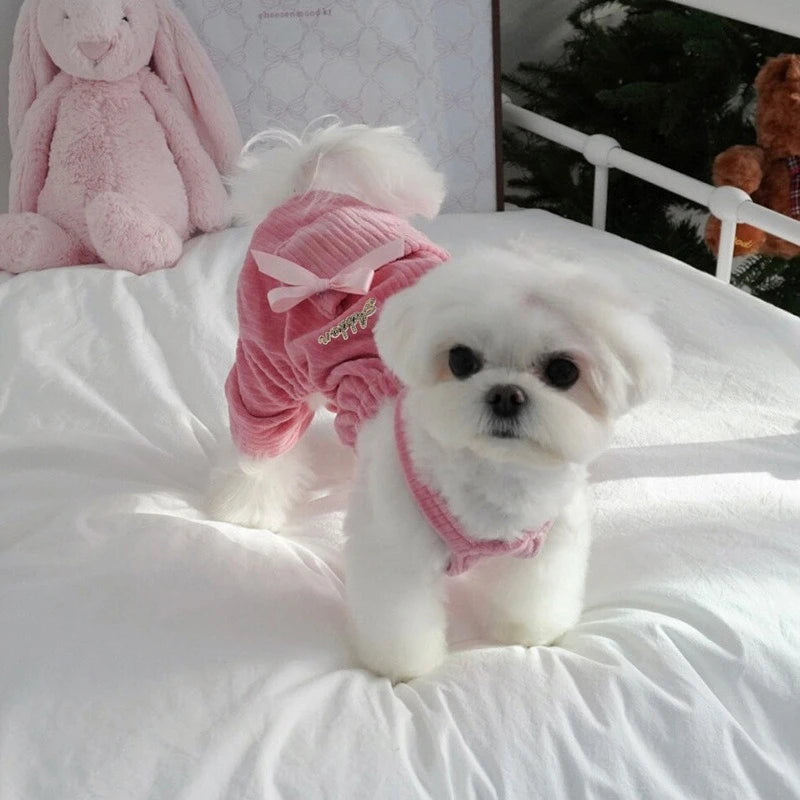 Pet Corduroy Overalls Butterfly Tie Jumpsuit Autumn and Winter Puppy Two Legged Clothes Teddy Cat Four Legged Pants