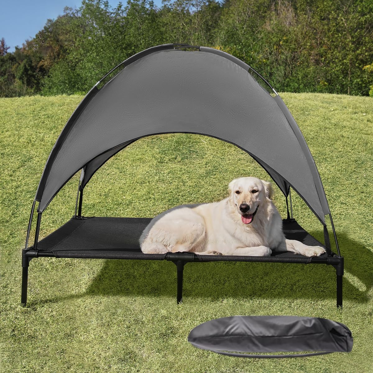 49" Elevated Outdoor Dog Bed with Canopy, Cooling Raised Pet Cot with Removable Sunshade for Camping, Deluxe 600D PVC with 2X1 Textilene Dog Bed, Come W/Carry Bag