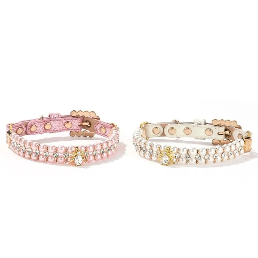 Adjustable Dog Cat Pearl Collars Rhinestone PU Cat Necklace Luxury Jewelry Artificial Pearls Neck Strap for Small Dogs Pet Gift