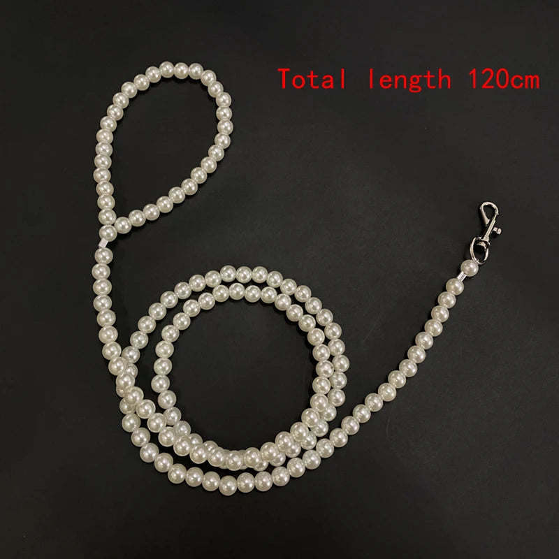 Luxury Pearls Beads Dog Leash Chain for Pets White Gold Leash for Dog Walking Dog Cat Collar Accessories Products for Small Dogs