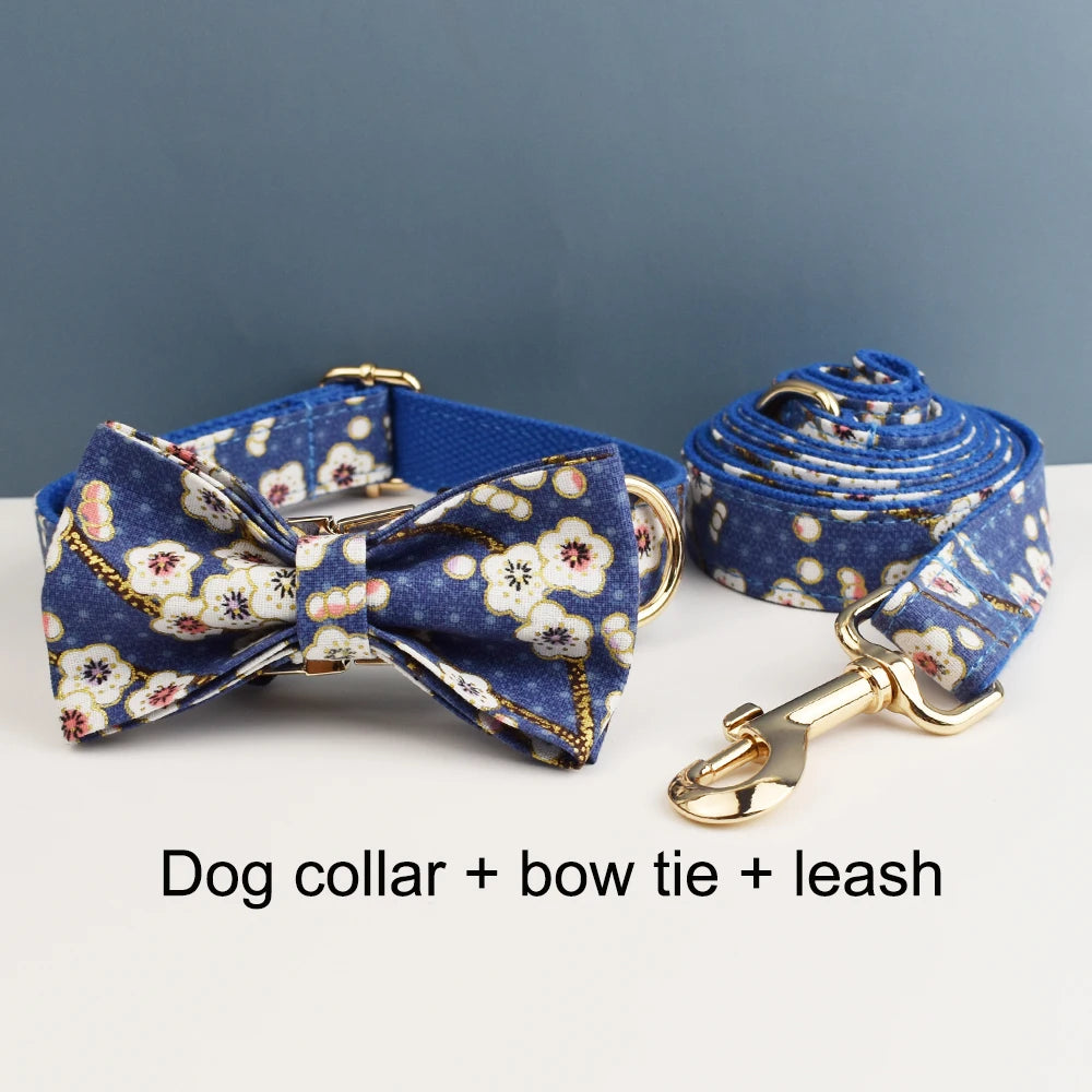 Luxury Personalized engravable dog collar Harness Leash Set Soft Cotton Floral Design Custom Bow Accessory for Dogs 02