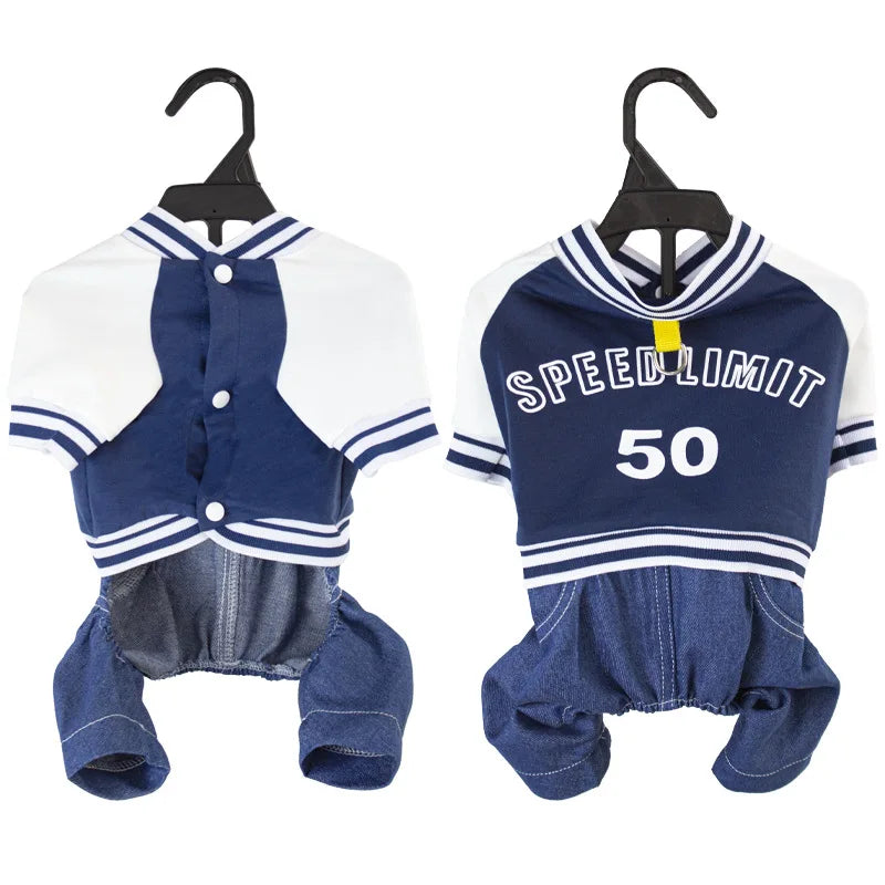 Dog Jumpsuit Jacket with Denim Pants Suit Overalls - 4-Legged One-piece Spring/Fall Outfits Pet Clothing for Small Medium Dogs