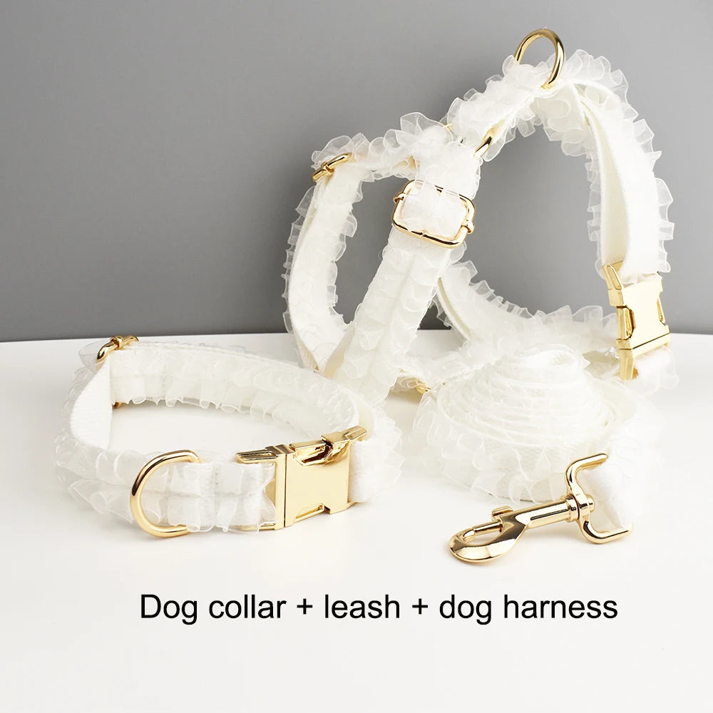 Luxury Lace Dog Collar with Custom Engraved Nameplate Personalized Pet Wedding Harness Accessory for Dogs