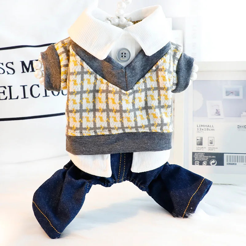 Knit Sweater Vest Costumes For Dogs With White Shirt Denim Pants Overall Small Puppy Animal Jumpsuit Jeans Pet Casual Suit Sets