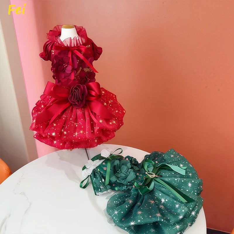 Luxury Handmade 
Christmas Velvet Dog Dress with Crystal Bow