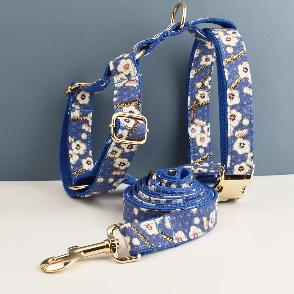 Luxury Personalized engravable dog collar Harness Leash Set Soft Cotton Floral Design Custom Bow Accessory for Dogs 02