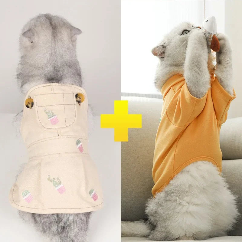 Pet denim overalls thickened overalls skirt cotton four seasons dog clothes embroidered pumpkin pants four seasons universal cor