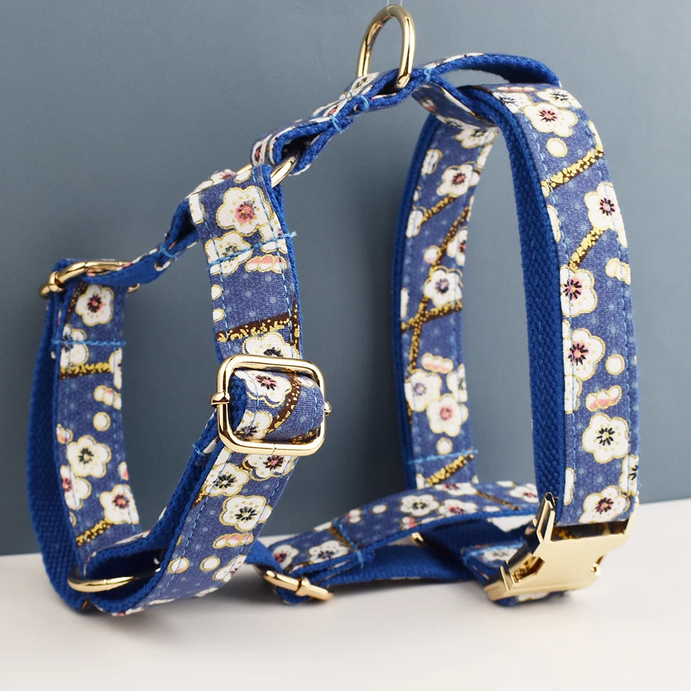 Luxury Personalized engravable dog collar Harness Leash Set Soft Cotton Floral Design Custom Bow Accessory for Dogs 02