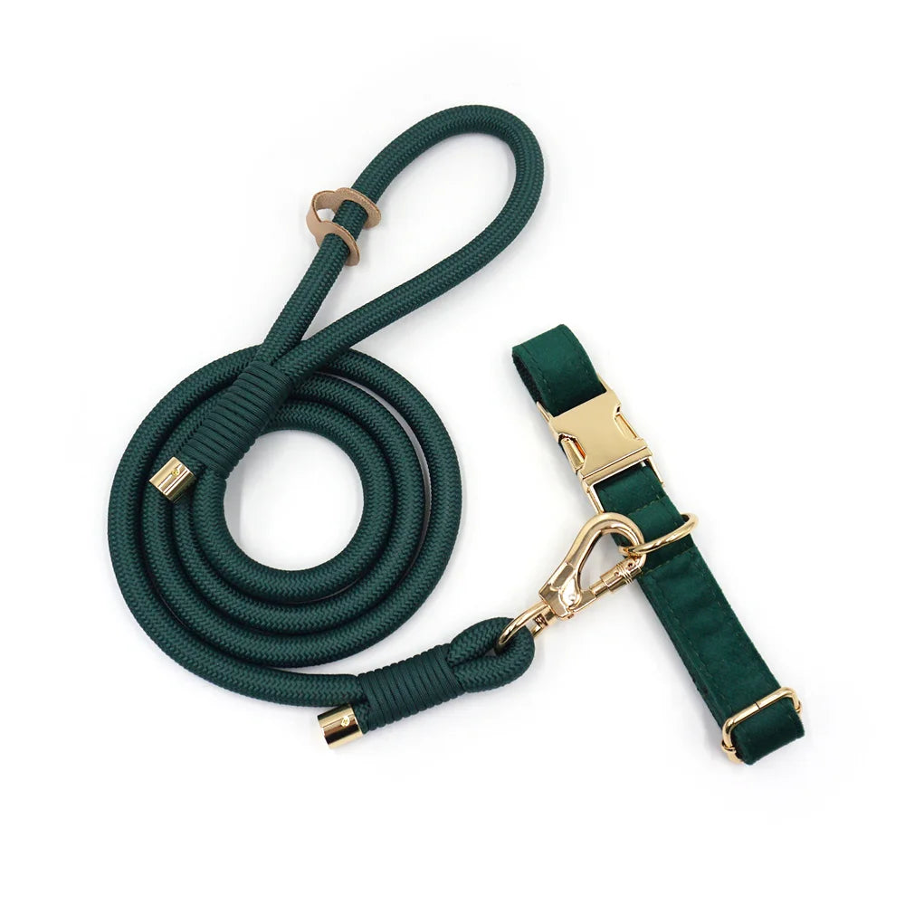 Premium Emerald Green Velvet Personalized Dog Collar and Leash Set Soft Adjustable Dog Luxury Gift Collar with Name Durable Lead