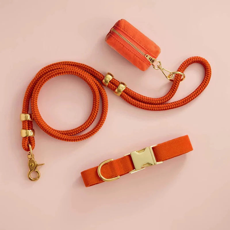 Luxury PU Leather Pet Dog Collar Walk Set Luxury Dog Training Collar and Leash Poop Bag Holder Sets