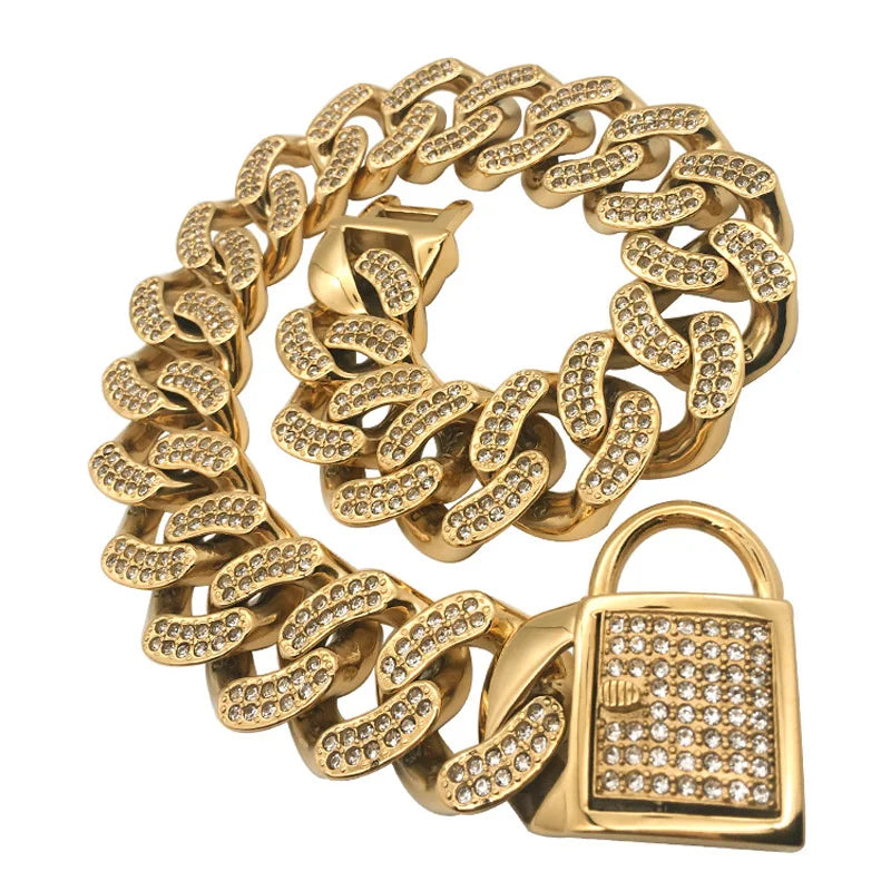 Luxury Rhinestone Dog Collar Chain Bling Diamond Customized 32mm Stainless Steel Pet Dog Collar Leash Bulldog Pitbull French