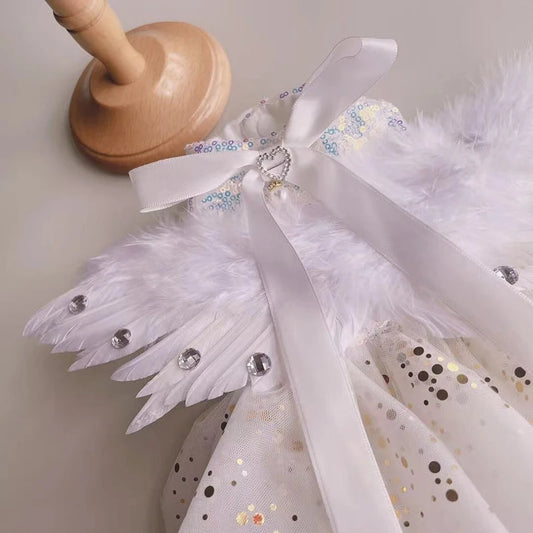 Fine Handmade Pet Dog Clothes Black White Feather Wing Decor Luxury Cosplay Princess Dress For Small Medium Dog Puppy Clothing