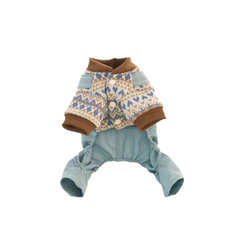 Pet Autumn and Winter Contrasting Overalls Single-layer Four Legged Pants Set Cute Dog Jumpsuit Pet Pajamas Puppy Clothes