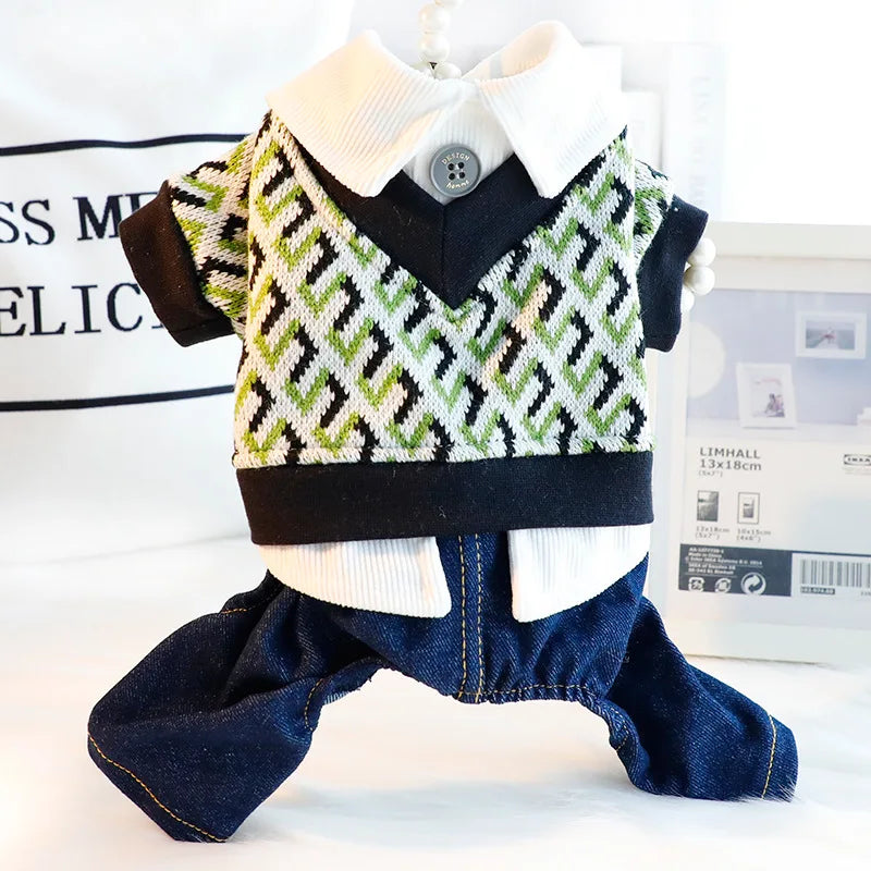 Knit Sweater Vest Costumes For Dogs With White Shirt Denim Pants Overall Small Puppy Animal Jumpsuit Jeans Pet Casual Suit Sets