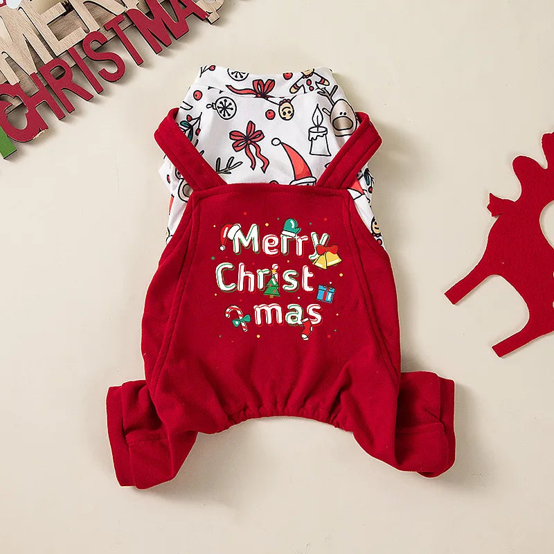 Pet Christmas Jumpsuit Pet Autumn and Winter Overalls Warm Teddy Jacket Dog Pajamas Puppy Clothes Four Legged Pants