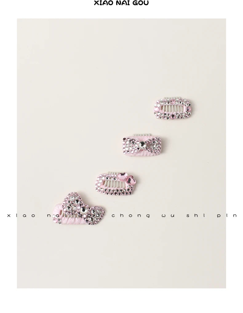 Luxury Pink Series Pet Dog Head-wear Supplies Fine Handmade Crystal Heart Bow Hairpins For Puppy Dogs Cute Hair Clips Jewelry