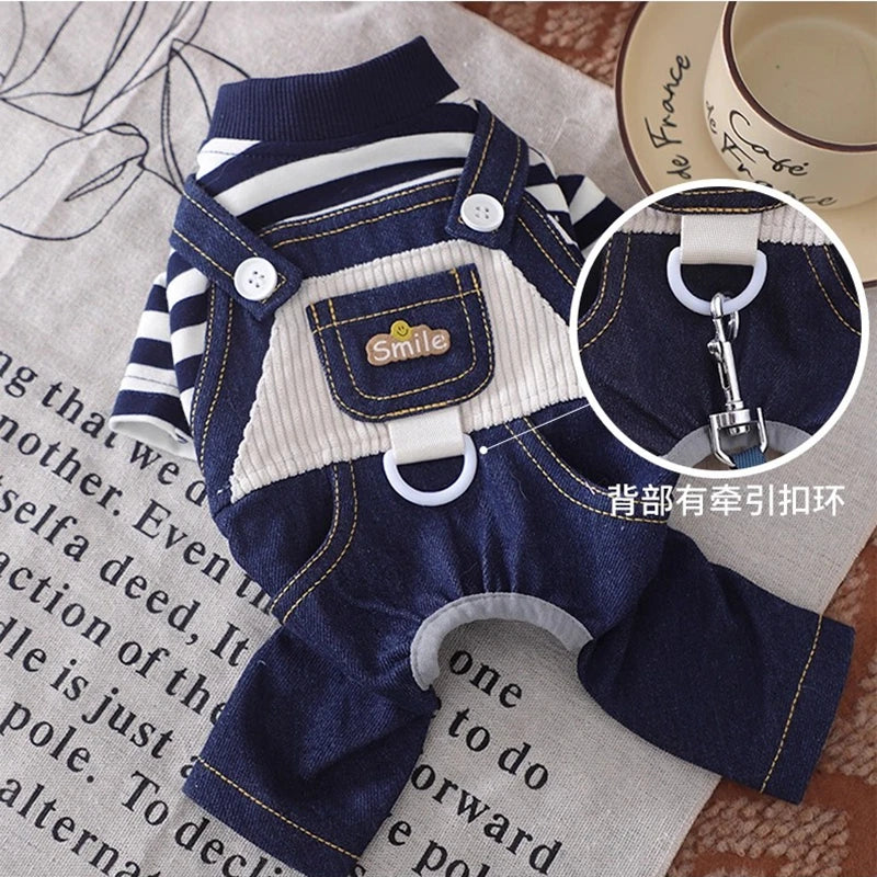 Blue Dog Jeans Pants Overall Costumes For Puppies Poodle Shih Tzu Little XS XL Pet Clothing With Vest Pet Fashion Shop Drop Ship